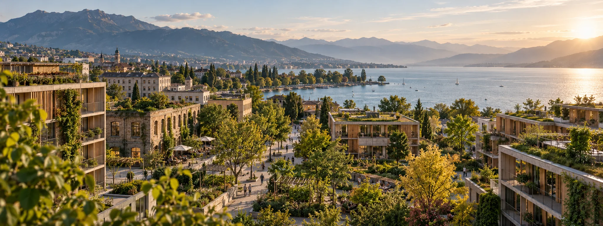 Quartiere europeo resiliente con edifici verdi e spazi pubblici