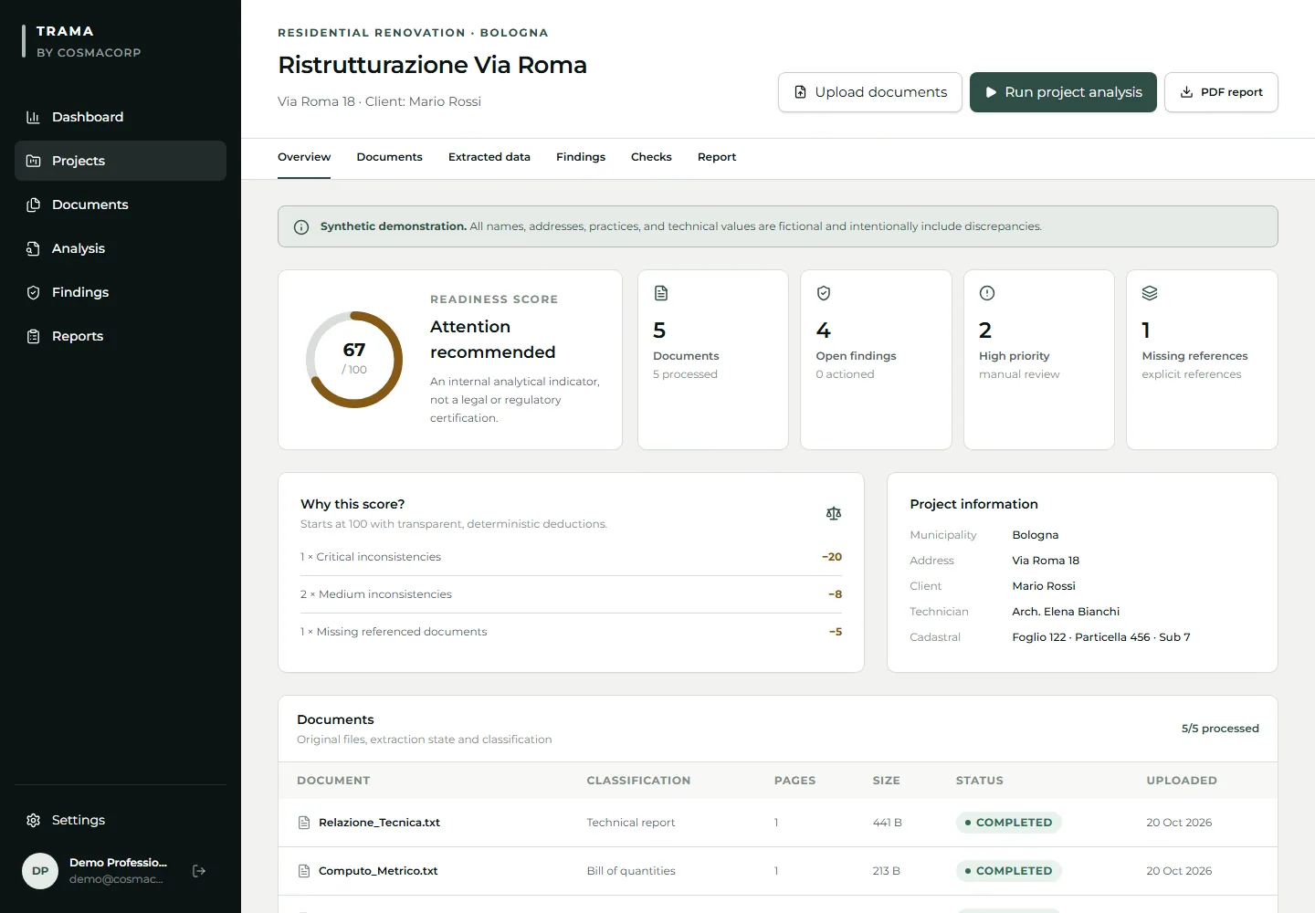 Interfaccia professionale TRAMA per l’analisi documentale di progetto